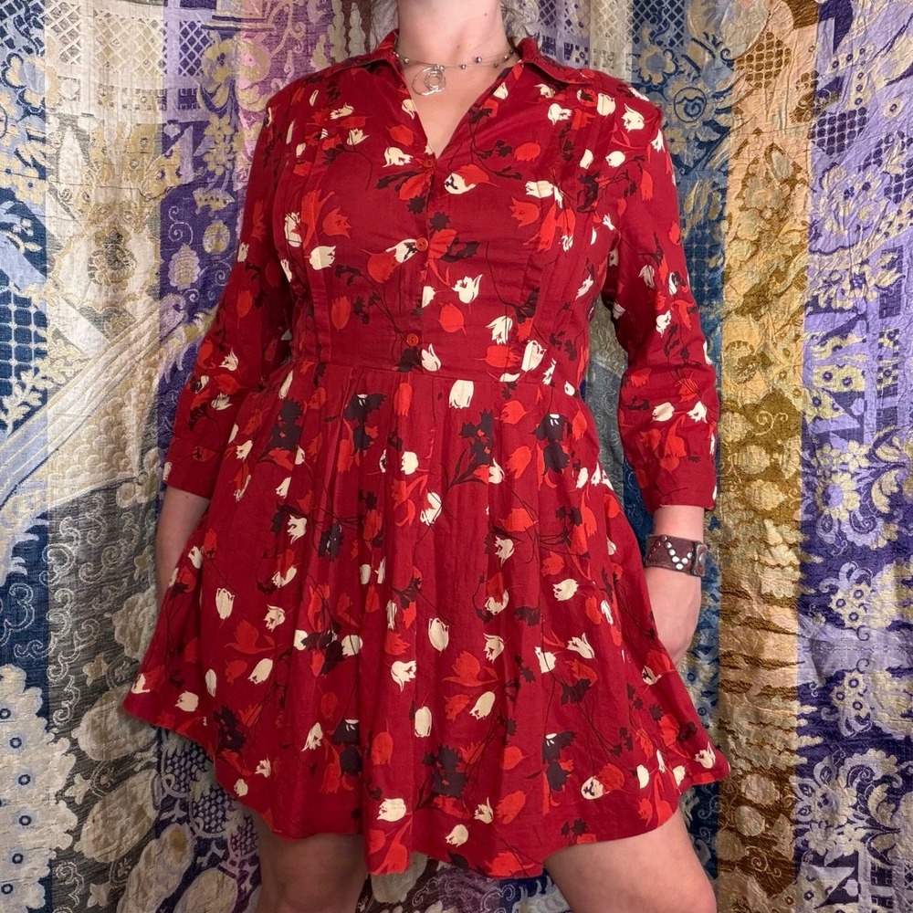 Red Floral Whimsy Coastal Cottage 3/4 Sleeve Tie Waist Shirt Dress Size L